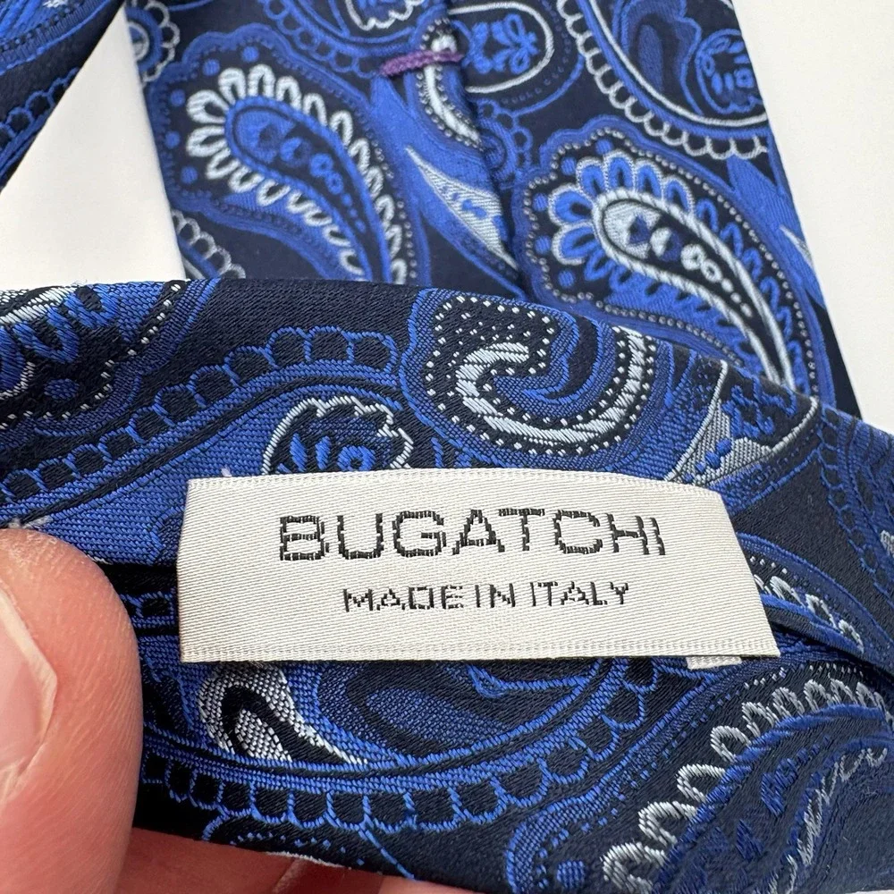 Bugatchi Men's Silk Tie Blue Silver Paisley Made in Italy Designer Luxury 3.5